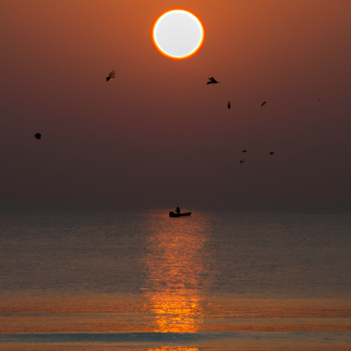 太阳从海面升起，光倒影在海面上，海鸥在天空飞翔，一叶扁舟在远方(1张)